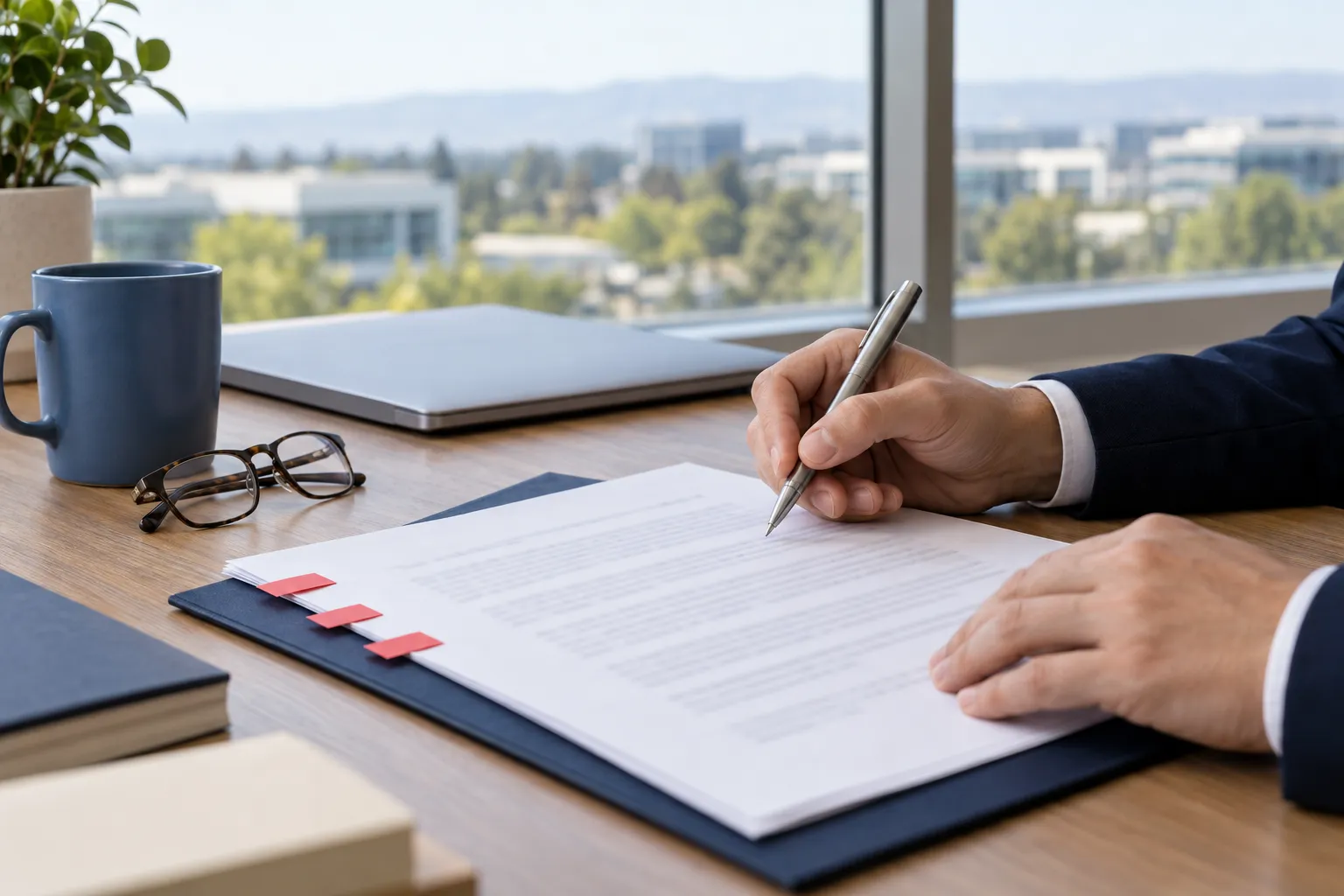 Attorney reviewing business contract clauses at a wooden desk