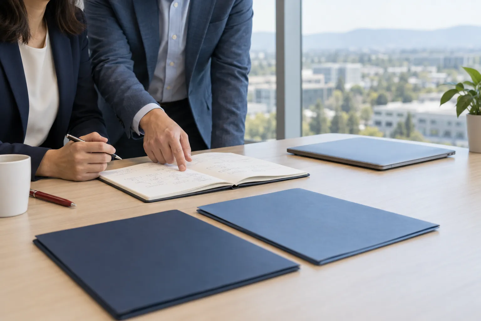 Hands sorting law firm profile cards beside a city map