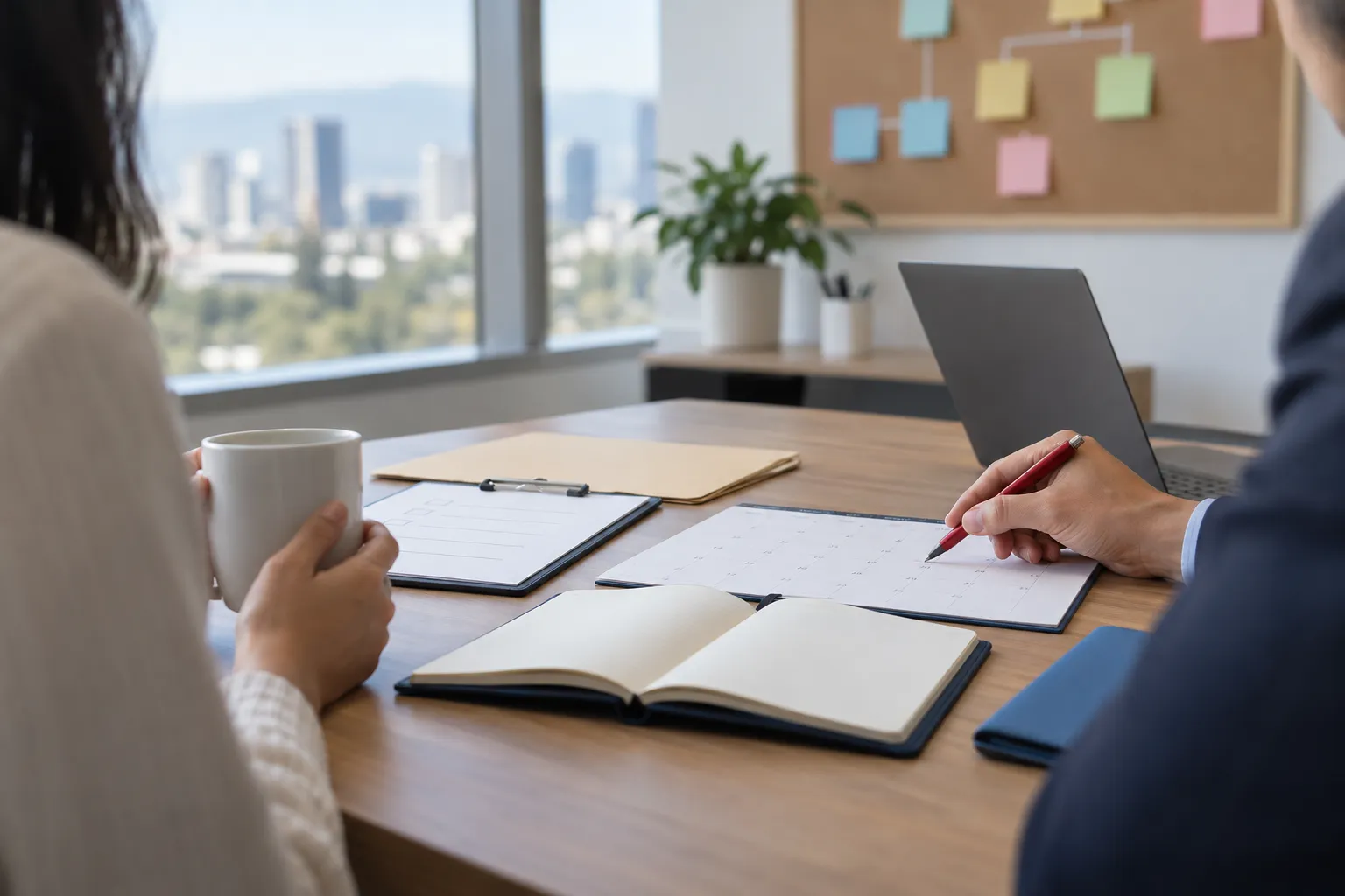 Business professional reviewing paperwork with a passport on a desk