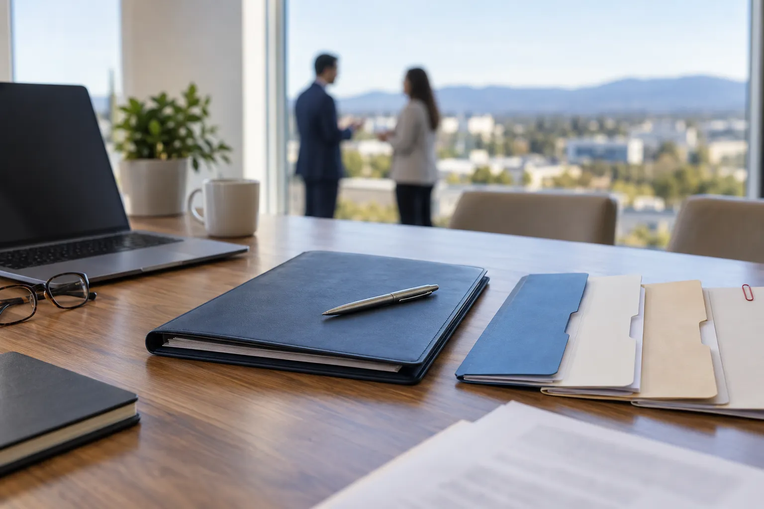 Business professionals reviewing documents during a deal negotiation meeting