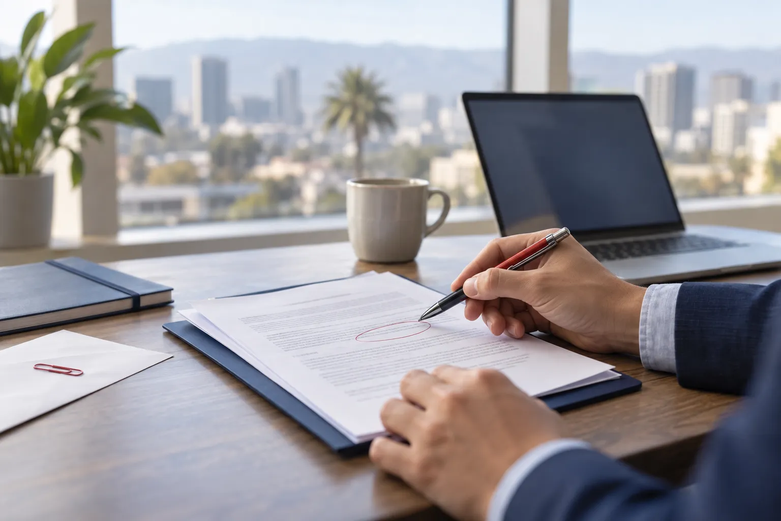 Attorney reviewing a business contract at a tidy office desk