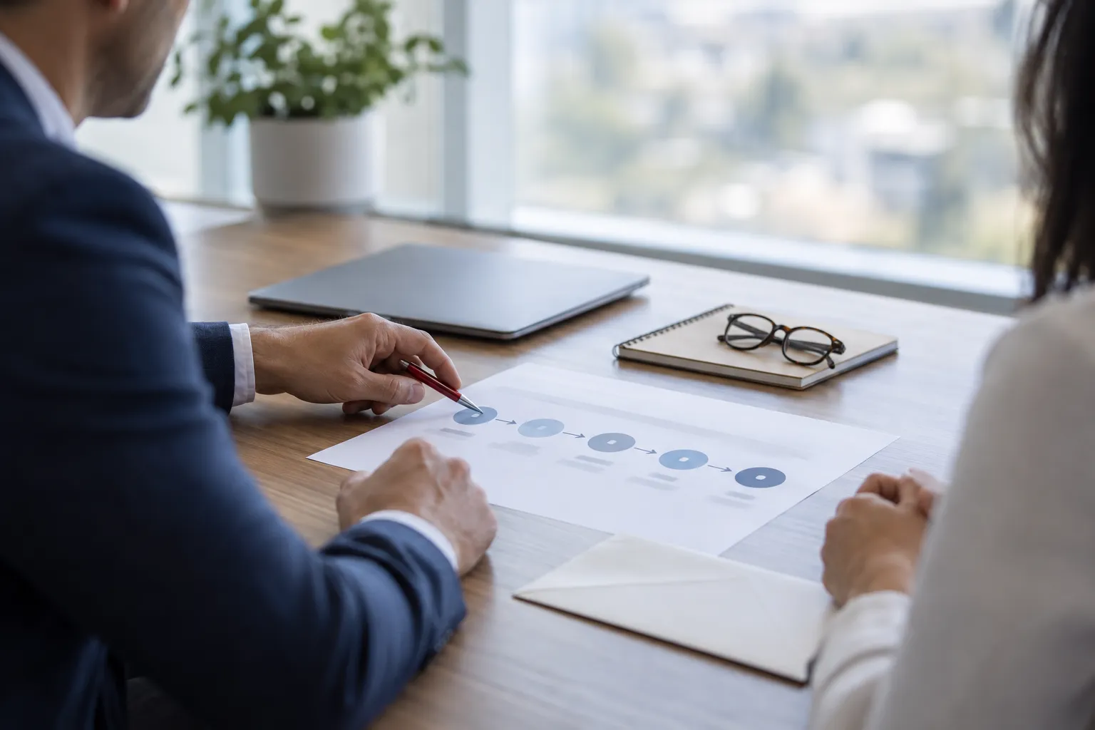 Business professionals reviewing documents at a conference table in a modern office