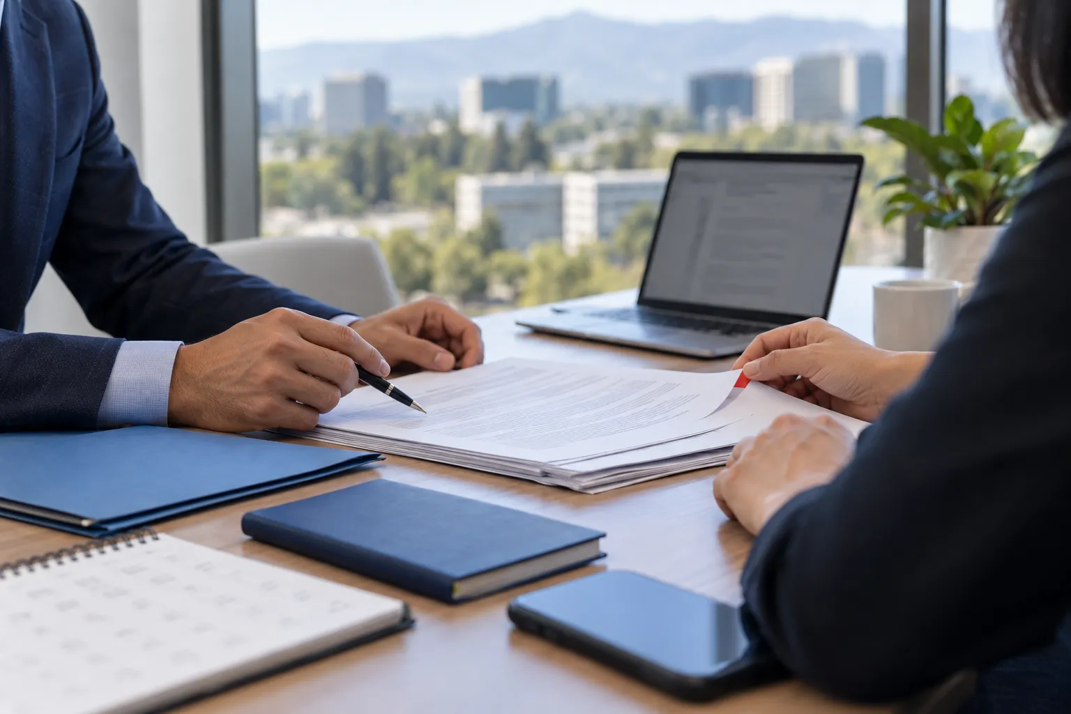 Business professionals reviewing documents at a conference table in a law office
