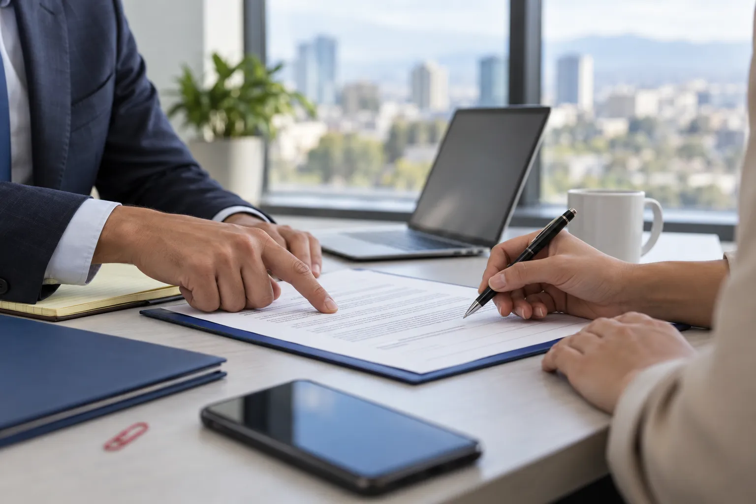 Business professionals reviewing a contract at a conference table