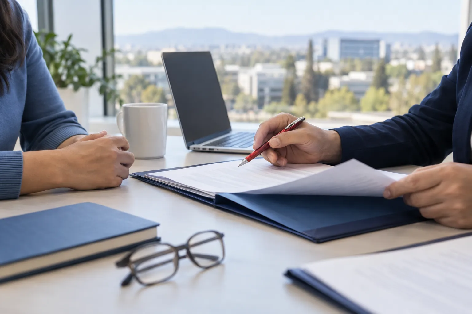 Professional reviewing immigration paperwork at a clean, neutral office desk