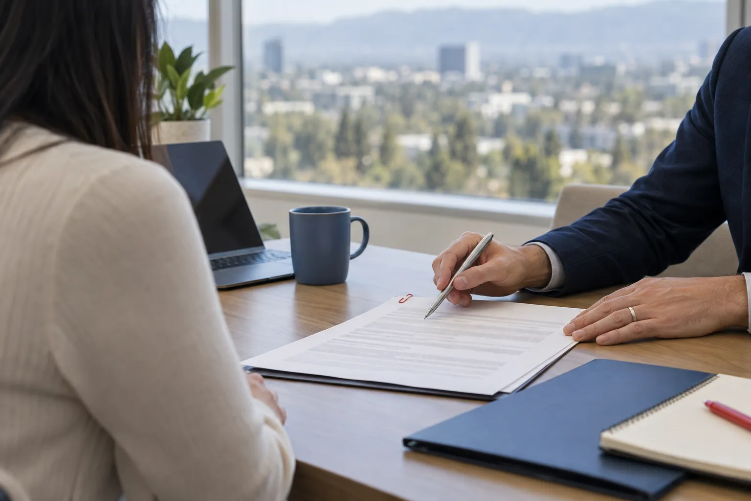 Two professionals reviewing an employment contract at a modern office desk
