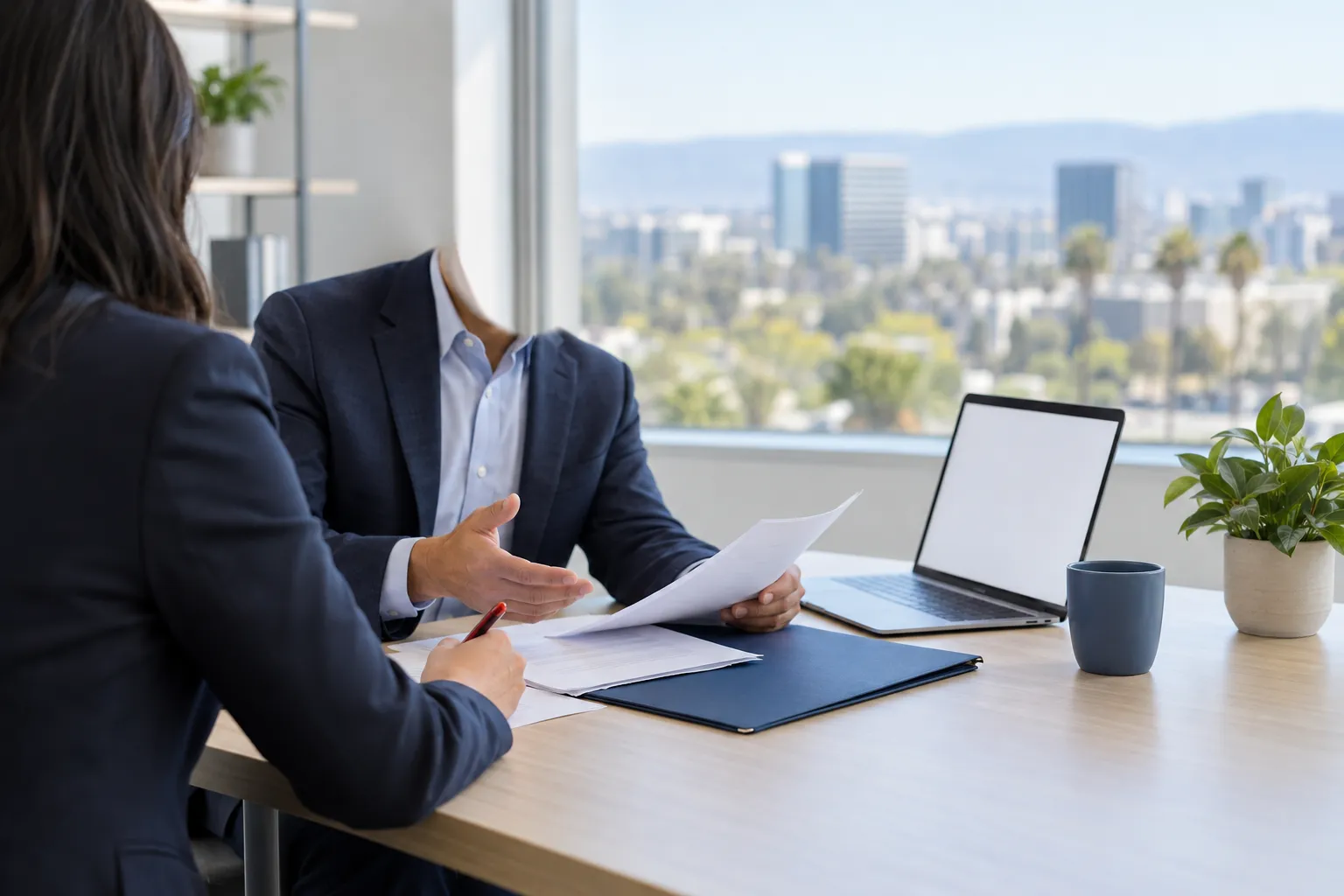 Business professionals reviewing documents at a conference table in an office