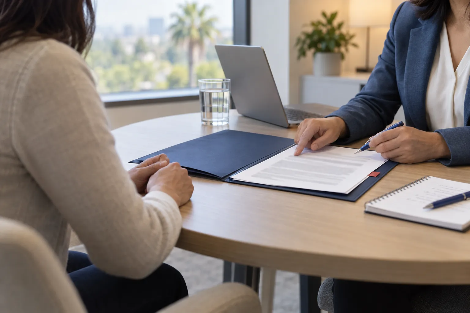 Business professionals reviewing documents together at a conference table in office
