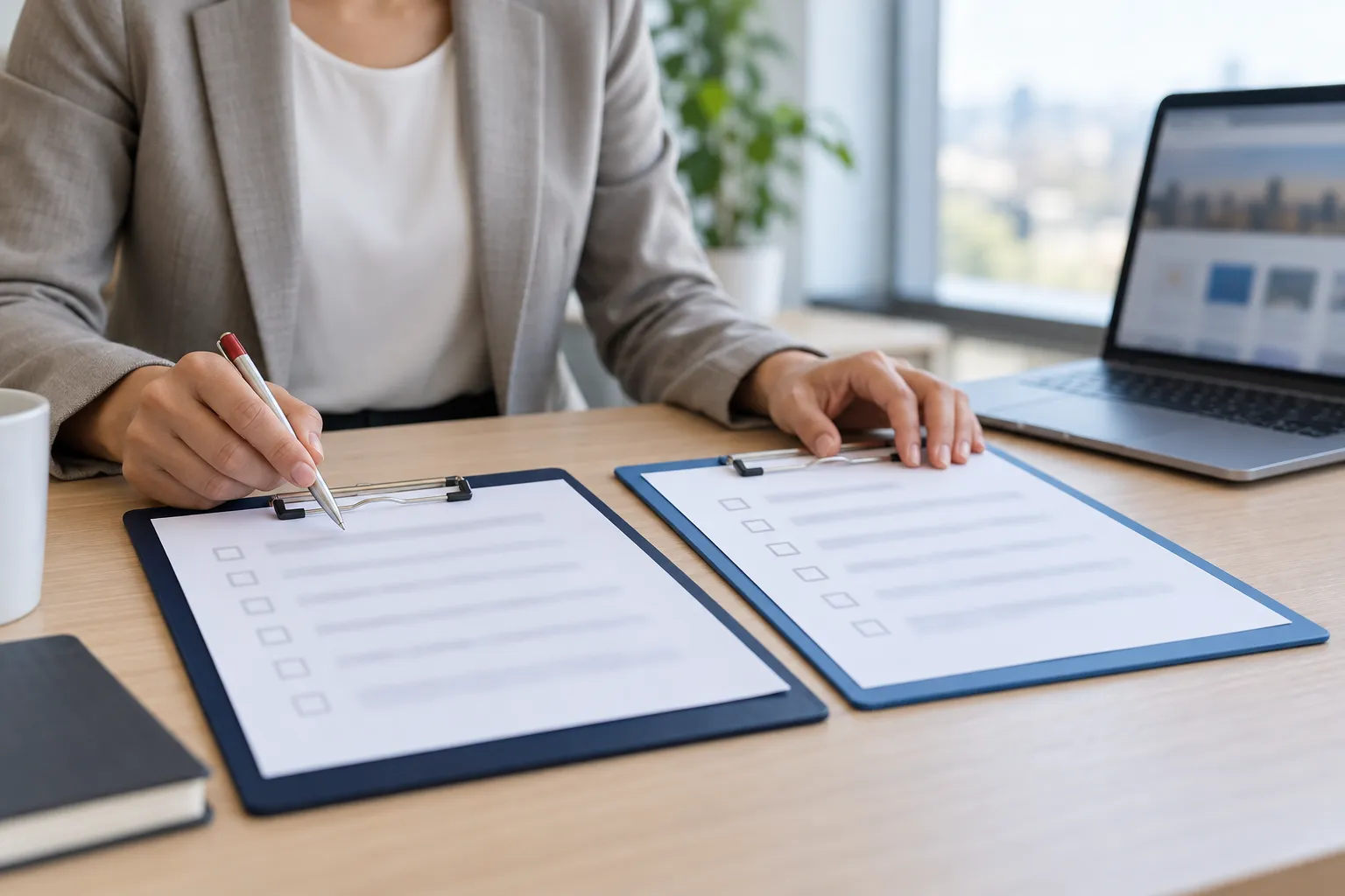 Two checklists beside magnifying glass and gavel on wooden desk