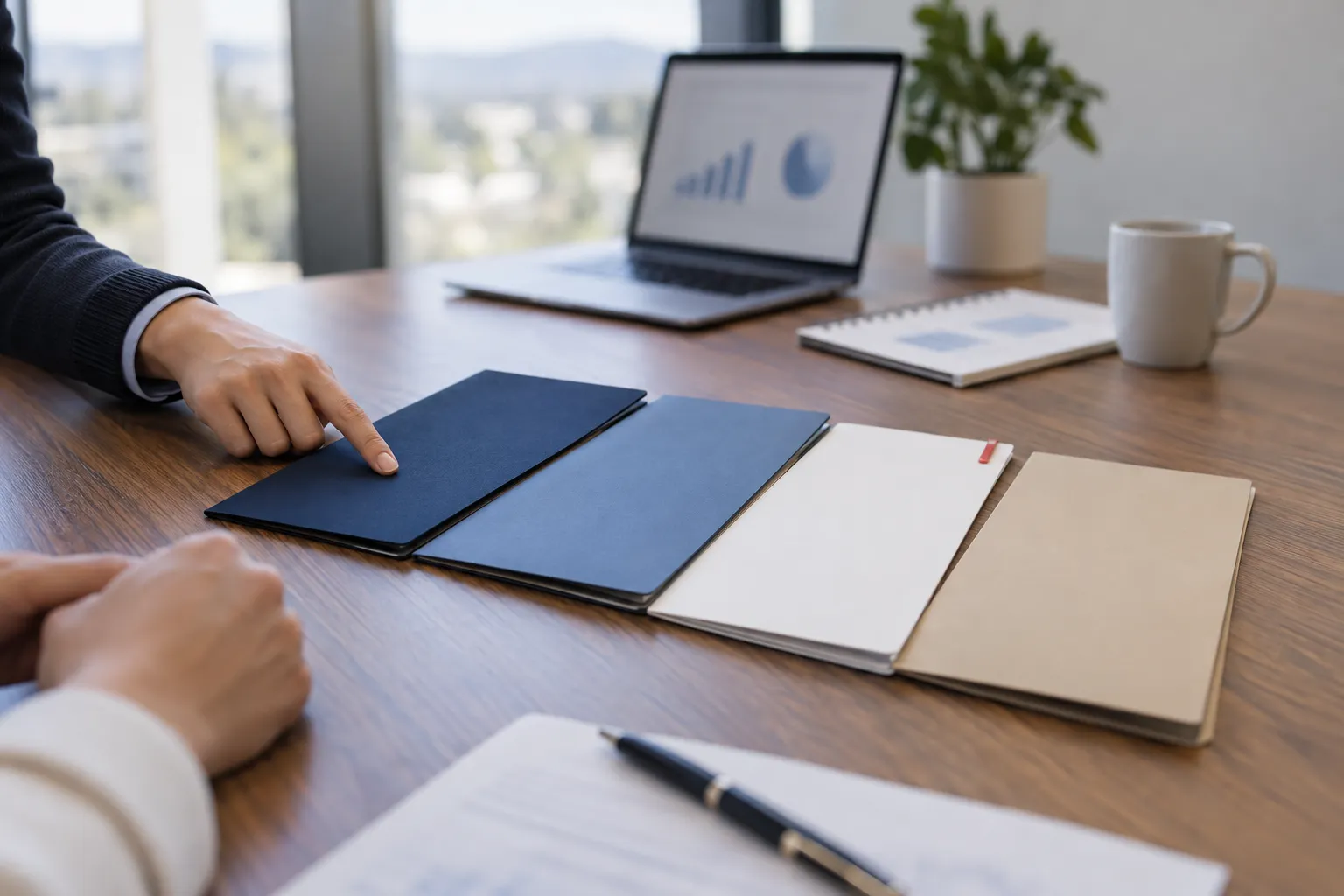 Four diverging paths through an office setting symbolizing business decision choices