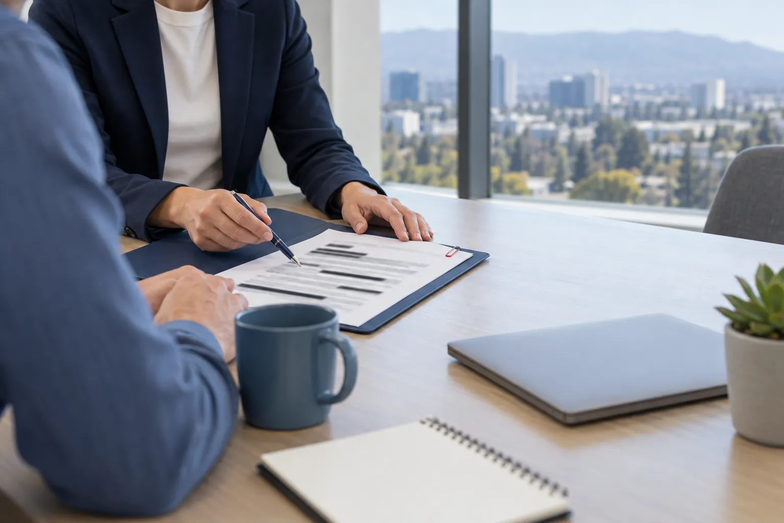 Two professionals discussing a contract across a clean office desk
