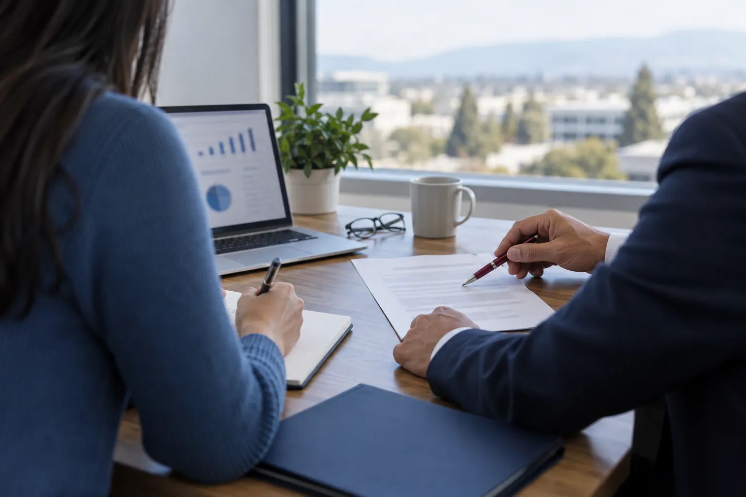 Business professionals reviewing documents at a modern office conference table