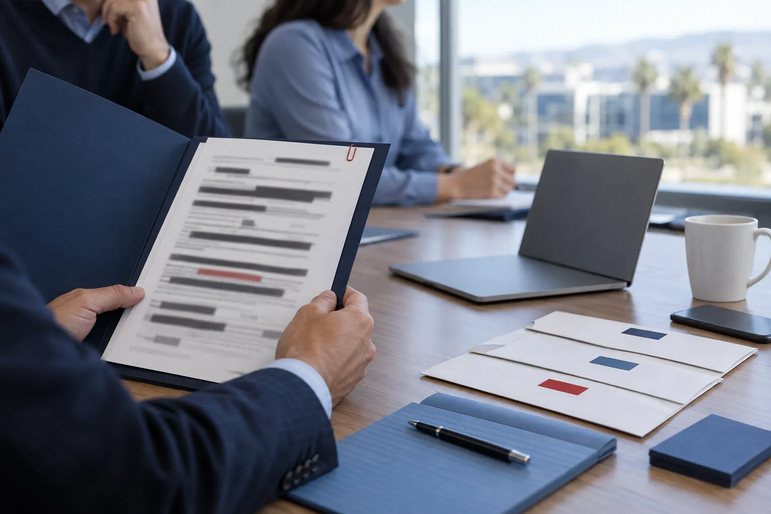 Business professionals reviewing compliance reports beside a computer displaying data