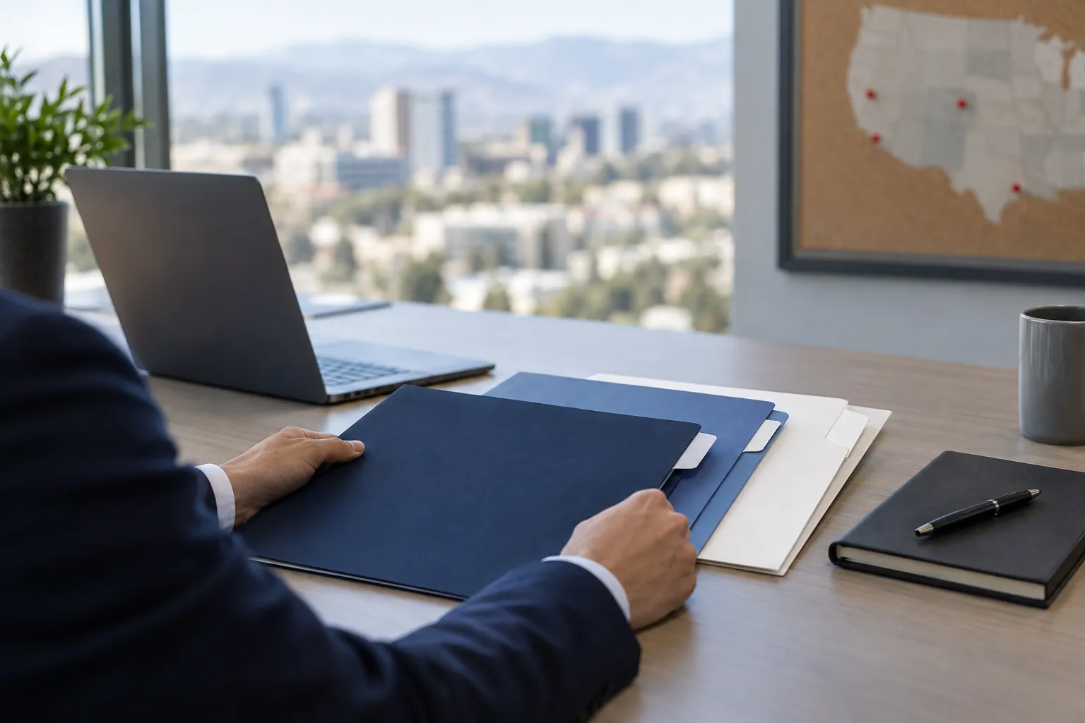 Business professional reviewing multi-state payroll compliance documents at desk
