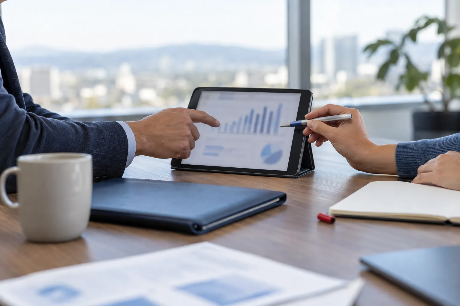 Two business professionals comparing credentials across a polished conference table