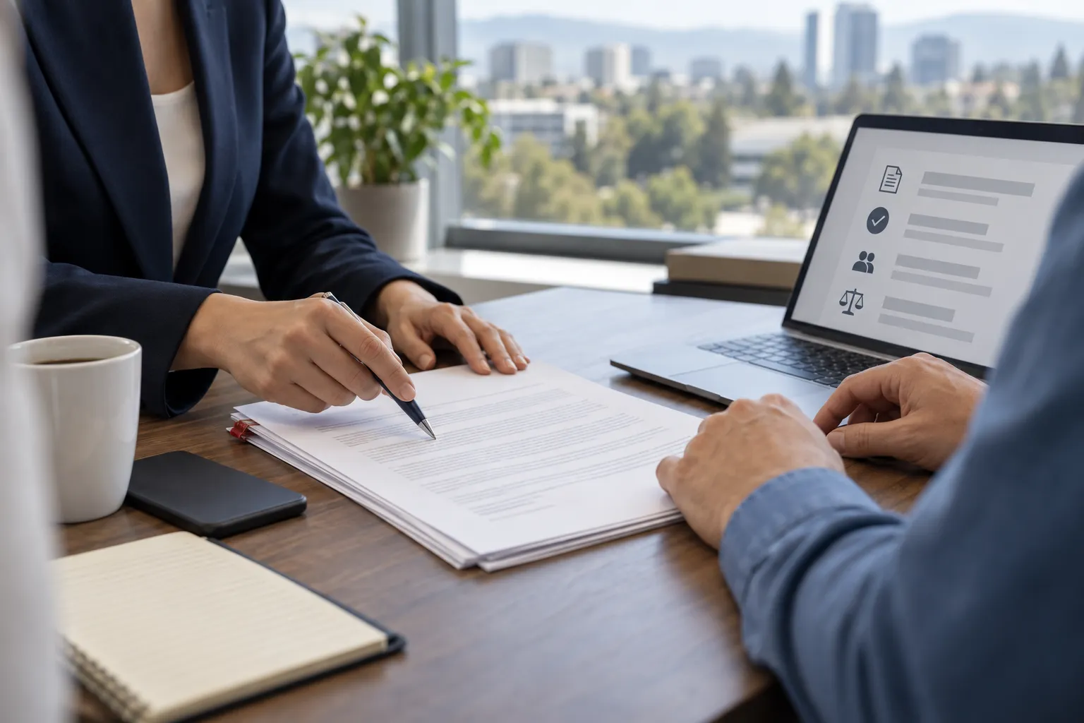Business professional reviewing contract documents at a desk in California office